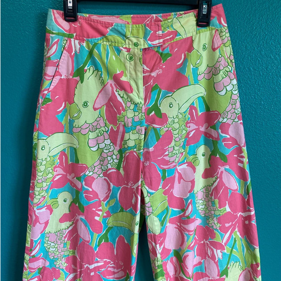 Lilly Pulitzer Parrots in Paradise Pink & Green Wide Leg Pants Women's 4 - Picture 4 of 9
